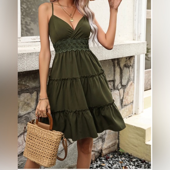 Army Green Contrast Lace Ruffle Hem Cami Dress - Picture 3 of 6